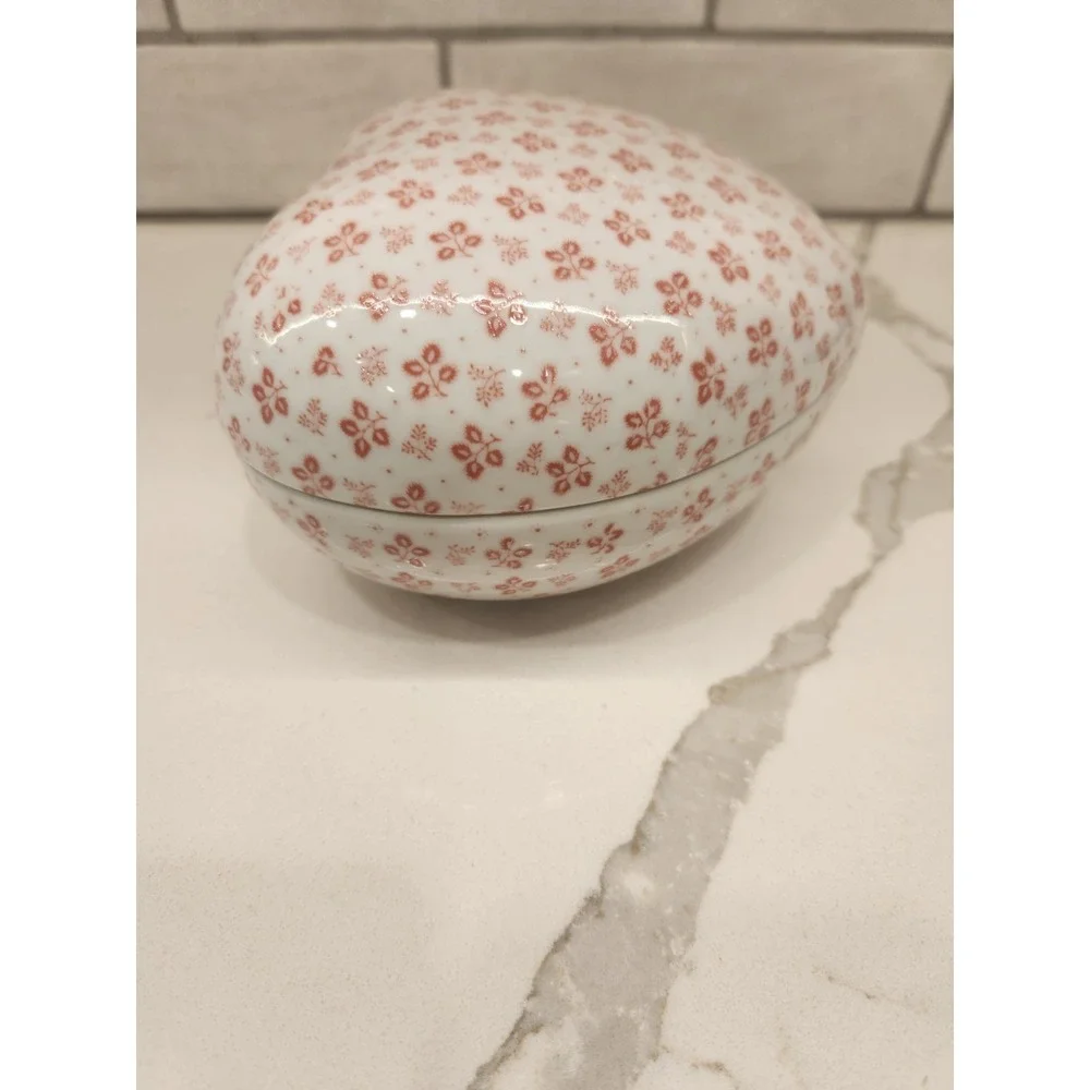 Vintage Valentines Heart Shaped Trinket Lidde Box‎ Dish Ceramic Rose Pink Flower